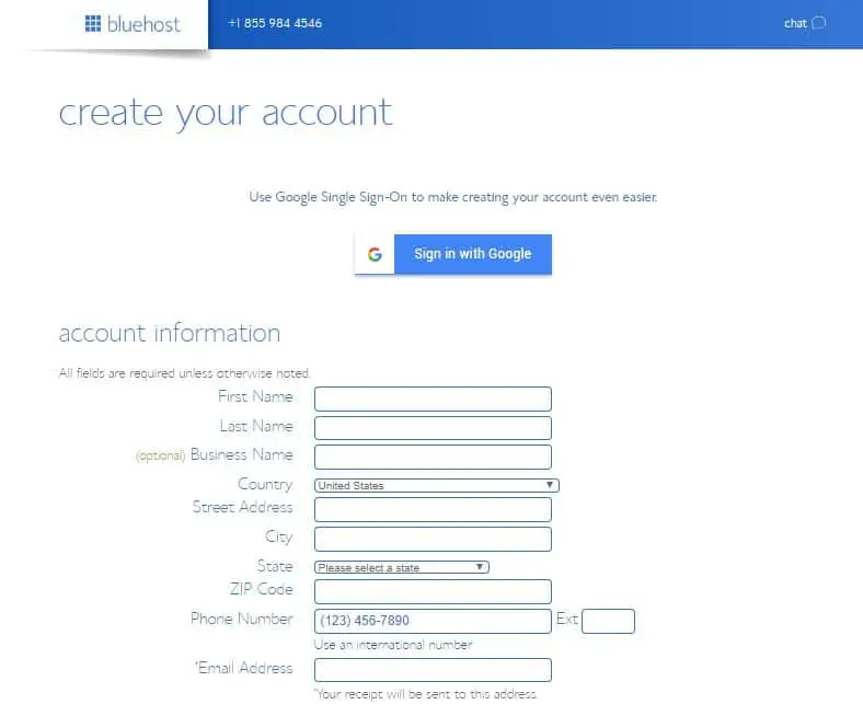 Account Details for Bluehost